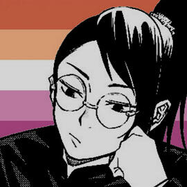 Maki Zen'in from the JJK volume 0 manga resting her head on her left hand and frowning. there is a lesbian pride flag in the background.