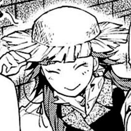 Maki Zen'in from the JJK volume 0 manga resting her head on her left hand and frowning. there is a lesbian pride flag in the background.